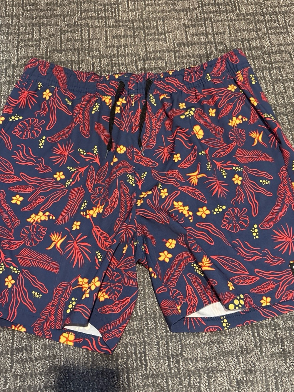 Reef Men's Navy Swim Trunks with Red Leaf & Yellow Floral Print